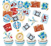 Cyodoos Edible 40 PCS Travel Bon Voyage Airplane Cupcake Toppers Airplane Suitcase map Cake Topper Picks for World Awaits Travel Themed Party Birthday Party Baby Shower Wedding Party Decorations