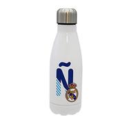 CYPBRANDS Real Madrid - Stainless Steel Water Bottle, Airtight Closure, with Letter Ñ Design in Blue, 550 ml, White, Official Product