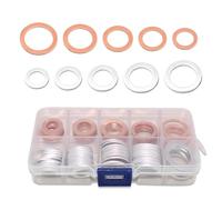 CyperFair 100 PCS Car Oil Pan Drain Plug Gasket Kit - M10/M12/M14/M16/M18 Copper & Aluminum High-temperature Sealing Gaskets, Multi-size Assorted Set with Divided Storage Box (Silver & Gold)