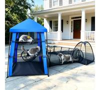 CypherX 3-Tier Main Tower Catio, Outdoor Cat Enclosure with Tunnels | Portable Pop Up Mesh Cat Playpen & Tent, Large Outdoor Pet Playhouse Unit for Backyard Patio Indoor Cats, Blue