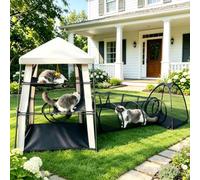 CypherX Extra Large Catio Outdoor Cat Enclosure Pop Up Playpen Tunnel Tent | 3-level main cube with 3 passages & mini housing. Tear-resistant mesh, shade cover, 8 stakes, toy ropes & carry bags