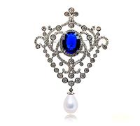 CYPINA Royal Vintage Open Scroll Blue Oval Stone Art Deco Brooch Badge Pin with Pearl Drop, 2.75''X3.35'', Copper, crystal