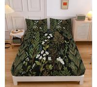 Cypress White Flowers Print Bedding Fitted Sheet Super King,Moss Green,Fitted Sheets Deep Pocket 12 inch (30 cm),Easy Care Soft Brushed Microfibre Wrinkle 180x200cm Forest Plants Sheet + 2 Pillowcase