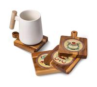 Cyrabota Acacia Wood Coasters, Wooden Drink Coaster Set of 4, Wall-Mount Absorbent Coasters with Tibetan Cultural Patterns and Acrylic Center, Tabletop Protection Decor for Table, Bar, Coffee
