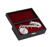 Cyrank Alto Saxophone Model Ornament, 5.5in Metal Musical Instrument Model Saxophone Display Ornament with Stand and Case Miniature Musical Replica Decoration