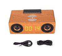 Cyrank Bluetooth Speaker with Alarm Clock, Wooden Bluetooth Speaker with Wireless Charging Station Digital Clock Wireless Retro Radio for Indoor Outdoor(Yellow)