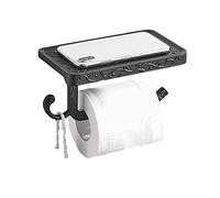 Cyrank Toilet Paper Holder with Shelf, Antique Wall Mount Tissue Holder Aluminum Toilet Paper Roll Dispenser with Cell Phone Storage Rack(Black)