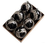 CYRENT 6Pcs 8cm Christmas Tree Ornaments Hand Painted Pearl Gloss Baubles Featuring Elegant Willow Leaf Pattern(8cm Black)