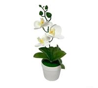 CYRENT Artificial Orchid Flower Bonsai Realistic Three-leaf Phalaenopsis Bonsai in White Pots For Home Office Garden Decoration(White)