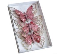 CYRENT Butterfly Christmas Tree Ornament Double Layer Glitter Mesh Clip for Holiday Decoration Hanging Decor Set for Wreaths Garlands Plastic Silver Gold Red 20x13cm(Pink)