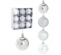 CYRENT Christmas Baubles Set 9PCS Glitter Red Ornaments Plastic Shatter-Resistant Pinecone Patterns 5cm Pre-Attached Strings for Tree Garland Wreath Holiday Decor(Silver)