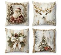 CYRENT Christmas Pillow Covers Set of 4 Santa Claus Reindeer Snow Tree Festive Bow Linen 18x18 inches Throw Cushion Home Sofa Bed Holiday Decoration(JIAX129-6)