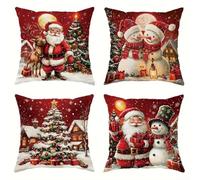 CYRENT Christmas Pillow Covers Set of 4 Santa Claus Reindeer Snow Tree Festive Bow Linen 18x18 inches Throw Cushion Home Sofa Bed Holiday Decoration(JIAX129-11)