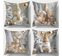 CYRENT Christmas Pillow Covers Set of 4 Santa Claus Reindeer Snow Tree Festive Bow Linen 18x18 inches Throw Cushion Home Sofa Bed Holiday Decoration(JIAX129-16)