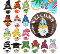 CYRENT Halloween Interchangeable Welcome Sign Magnetic Hats Wooden Accessories Round Door Plaque Seasonal Front Door Decor 15 Styles for Parties Home 35x35x4cm(A)