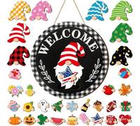 CYRENT Halloween Interchangeable Welcome Sign Magnetic Hats Wooden Accessories Round Door Plaque Seasonal Front Door Decor 15 Styles for Parties Home 35x35x4cm(J)