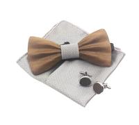 Cyriacus Men's Wooden Bow Tie Handkerchief Cufflinks Set Bow Tie for Wedding Business Party Work Graduation, silver, Papillon 12*5,3CM