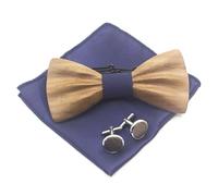 Cyriacus Men's Wooden Bow Tie Handkerchief Cufflinks Set Bow Tie for Wedding Business Party Work Graduation, blue navy, Papillon 12*5,3CM