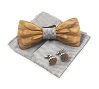 Cyriacus Men's Wooden Bow Tie Handkerchief Cufflinks Set Bow Tie for Wedding Business Party Work Graduation, Silver(Light Coloured Wood), Papillon 12*5,3CM