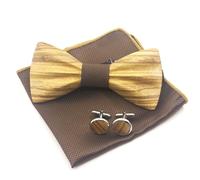 Cyriacus Men's Wooden Bow Tie Handkerchief Cufflinks Set Bow Tie for Wedding Business Party Work Graduation, Brown (Light Coloured Wood), Papillon 12*5,3CM