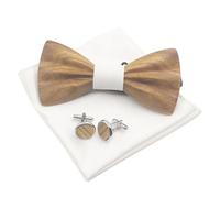 Cyriacus Men's Wooden Bow Tie Handkerchief Cufflinks Set Bow Tie for Wedding Business Work Graduation Party White, White (Light Coloured Wood), Papillon 12*5,3CM