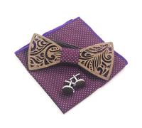 Cyriacus Wooden Bow Tie Set, Includes Papillon and Cufflinks, Square Neckerchief (3 Pieces), Unique Openwork Design, Suitable for Use in Multiple Scenes, Crimson Polka Dot, 12*5cm