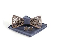 Cyriacus Wooden Bow Tie Set, Includes Papillon and Cufflinks, Square Neckerchief (3 Pieces), Unique Openwork Design, Suitable for Use in Multiple Scenes, darkblue, 12*5cm