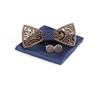 Cyriacus Wooden Bow Tie Set, Includes Papillon and Cufflinks, Square Neckerchief (3 Pieces), Unique Openwork Design, Suitable for Use in Multiple Scenes, Navy Polka Dots, 12*5cm