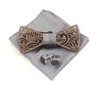 Cyriacus Wooden Bow Tie Set, Includes Papillon and Cufflinks, Square Neckerchief (3 Pieces), Unique Openwork Design, Suitable for Use in Multiple Scenes, Blue cabbage, 12*5cm