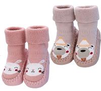 Cysocool 2 Pairs Baby Slipper Socks Thick Terry Kids Moccasins Anti Slip Newborn Toddler Warm First Walking Shoes Socks with Grips