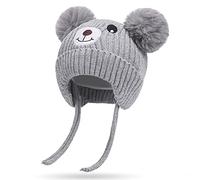 Cysocool Cute Bear Kids Winter Hat with Ear Flaps 1-5 Years Dual Pom-Pom Chenille Knitted Warm for Baby Girls Boys Fleece Lined Earflap Cap Strap Toddler Cold Weather Furry Beanie Hat,Grey