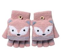Cysocool Kids Convertible Flip Top Winter Gloves for Girls Boys 4-8 Year Cold Weather Fox Knit Gloves Fuzzy Half Finger Mittens Child Snow Warm Insulated Gloves