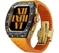 CYSUE Men's Carbon Fiber Case Rubber Band，For Apple Watch 87 45mm Mod Kit, Metal Protective Bezel Buckle with Fluororubber Strap，For Iwatch 44mm 6 5 4 SE Watch Case and Band (Color : O-g, Size : 44M