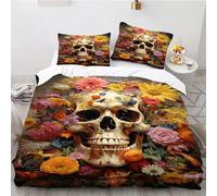 CYSYLQW Skull Bed Linen 135 x 200 cm Skull Pattern Gothic Skull Duvet Cover Set Soft Microfibre Skull Roses Duvet Cover with Pillowcase (200 x 200 cm, 2)