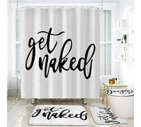 Cytheria 4 PCs Funny Bathroom Shower Curtain Liner Sets with Get Naked Bath Mat, White Cute Clear Modern Shower Curtain Cover Waterproof Machine Washable -72×72in White Bathroom Curtain Set