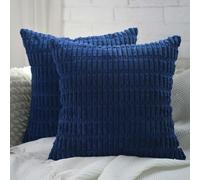Cyuripu Set of 2 Corduroy Boho Navy Blue Throw Pillow Covers 18 x 18 Inch Decorative Striped Soft Cozy Pillowcases Cushion Cases for Couch Sofa Bedroom Living Room Home Decor 45 x 45 Cm