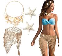 CYUXING 4Pcs Summer Beach Mermaid Accessories, Womens Mermaid Swimsuit, Includes Beach Crochet Skirt Shell Necklace Hair Clips Suitable for Theme Parties Vacations
