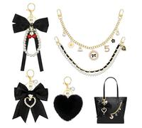 CYUXING 5PCS Black Bag Charms Set, Purse Accessories with Pearl Chain & Gold Chain for Yeti Camino Tote Beach Handbag | Includes Bow Keychain & Fur Pom Pom, Bag Charms for Women