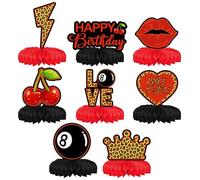 CYUXING 8Pcs Red Cheetah Print Birthday Decorations Set, Premium Cardstock & Honeycomb Orb Centerpieces for Birthday Party, Cherry Theme or Girls Night, Easy Peel & Stick Setup