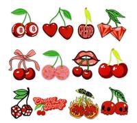 CYWQ 12Pcs Cherry Iron on Patches Fruit Cherry Bomb Sew on Repair Embroidered Applique Bow Skull Lip DIY Crafts Accessories Gifts for Girls Women Clothing Backpack Hat