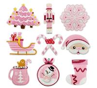CYWQ 9 Pcs Pink Christmas Iron on Patches Snowmen Xmas Elements Sew on Emblem Applique Sewing Patch Small Repair Craft Gifts DIY for Party Jackets Hats Jeans Clothing