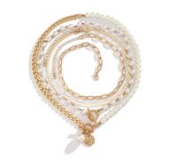 CYWQ Women Starfish Shell Necklaces Boho Seashell Beach Pendant Gold Layered Pearl Choke Necklace Dainty Fashion Statement Jewelry (Coin Pearl Necklace)
