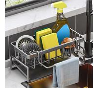 CYZBL Multifunctional Kitchen Sink Storage Organiser, Black Stainless Steel Sponge Holder, Countertop Cleaning Rack with Removable Dish Cloth Hanger, Washing up Caddy for Kitchen Bathroom (Grey)