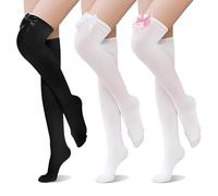 CYZTD White Stockings, 3Pack White Knee High Black Thigh Socks,Anti-Skid Over The Knee Thigh High Socks Womens,Long Hold Up Stockings with Bows for Women Daily Dress Party Xmas Valentine's Day Favours