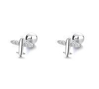 CZ Airplane Tiny Cartilage Stud Earrings Sterling Silver 925 Cute Crystal Rhinestone Tragus Studs Statement Barbell Helix Earring with Screw Back Ear Piercing Fashion Jewelry Gifts for Women Girls BFF