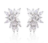 CZ Cluster Earrings for Women Gorgeous Marquis-Cut Cubic Zirconia Curved Bridal Wedding Banquet Stud Earrings for Bride Bridesmaids Fashion Olive Branch Stud Earring Leaves Shape Jewelry, M, Crystal