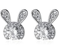 CZ Cute Rabbit Small Stud Earrings S925 Sterling Silver for Women Teen Girls Dainty Crystal Diamond Lovely Bunny Pet Animal Cartilage Earring Ear Pierced Studs Chic Jewelry Birthday Gifts