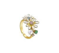 CZ Daisy Flower Statement Ring Dainty Crystal Cubic Zirconia Double Flowers Elegant Pearl Enameled Adjustable Stacking Finger Rings Comfort Fit Fashion Wedding Engagement Anniversary Jewelry for Women