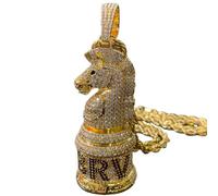 CZ Diamond Knight Chess Pendant Necklace, 18K Gold Plated Iced Out Big Warhorse Cavalry Pendant - Hip Hop Charm Jewelry for Men
