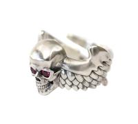 CZ Eyes 925 Sterling Silver Flying Skulls Wing Charms Ring TA446A UK Size L½~Z5 (Model S, UK N½ (54.4mm), Green)